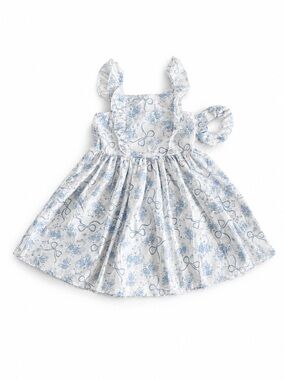 Max & Daisy Girls Blue Floral Bow Dress Size 6 NWOT + Matching Scrunchie